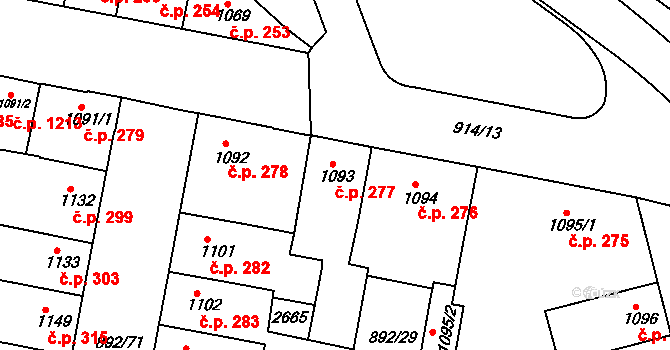 Horka-Domky 277, Třebíč na parcele st. 1093 v KÚ Třebíč, Katastrální mapa