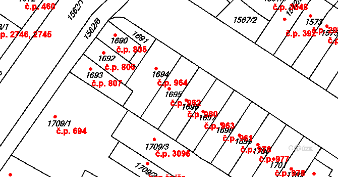 Žabovřesky 962, Brno na parcele st. 1695 v KÚ Žabovřesky, Katastrální mapa