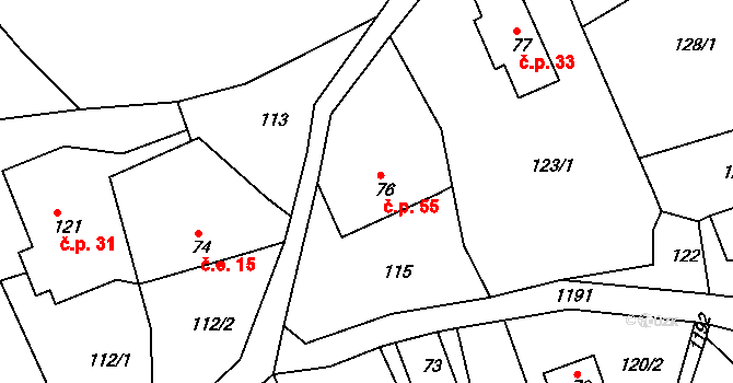 Horská Kamenice 55, Železný Brod na parcele st. 76 v KÚ Horská Kamenice, Katastrální mapa