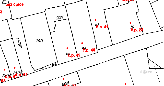 Obora 48 na parcele st. 54 v KÚ Obora u Loun, Katastrální mapa