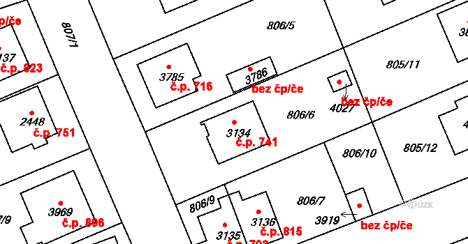 Plzeňské Předměstí 741, Rokycany na parcele st. 3134 v KÚ Rokycany, Katastrální mapa
