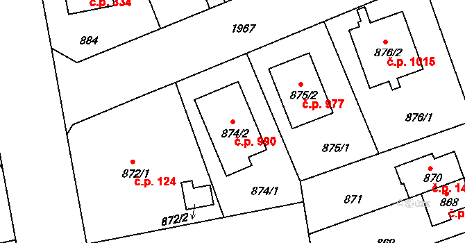 Lhotka 990, Praha na parcele st. 874/2 v KÚ Lhotka, Katastrální mapa