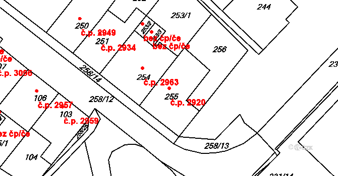 Chomutov 2920 na parcele st. 255 v KÚ Chomutov II, Katastrální mapa