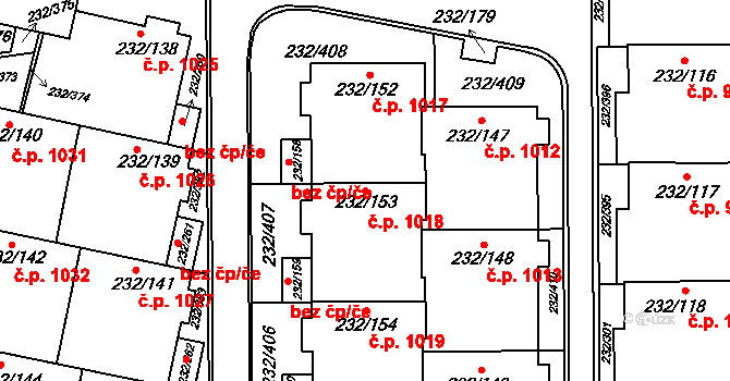 Lobzy 1018, Plzeň na parcele st. 232/153 v KÚ Lobzy, Katastrální mapa