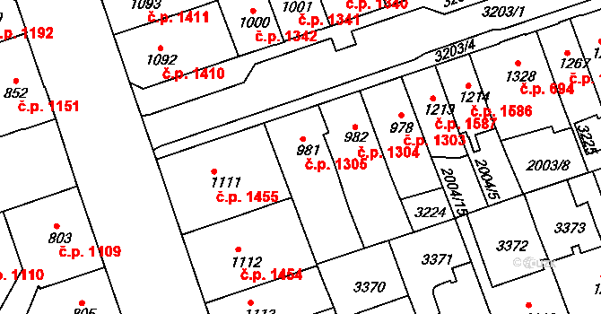 Hodonín 1305 na parcele st. 981 v KÚ Hodonín, Katastrální mapa