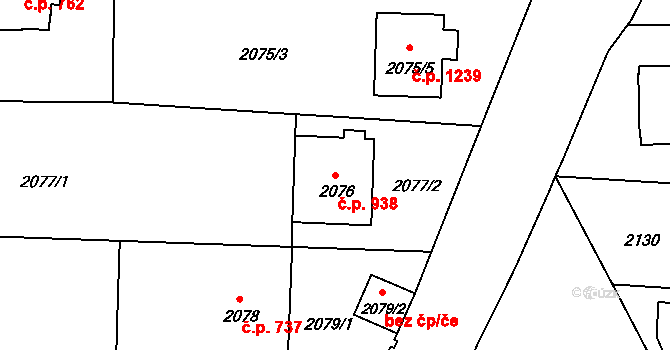Benešov 938 na parcele st. 2076 v KÚ Benešov u Prahy, Katastrální mapa