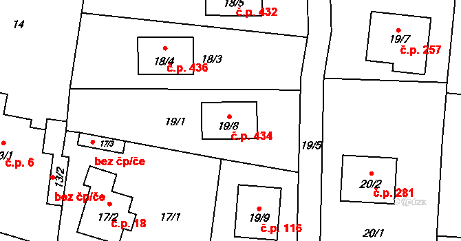 Homole 434 na parcele st. 19/8 v KÚ Homole, Katastrální mapa