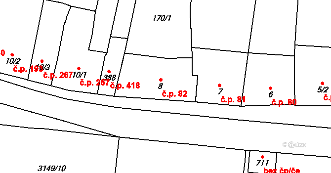 Lysice 82 na parcele st. 8 v KÚ Lysice, Katastrální mapa