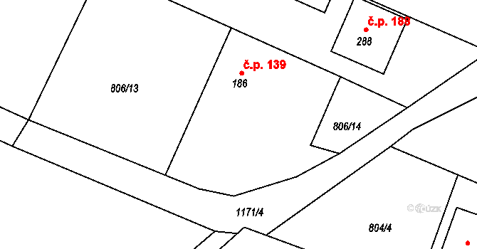 Mošnov 139 na parcele st. 186 v KÚ Mošnov, Katastrální mapa