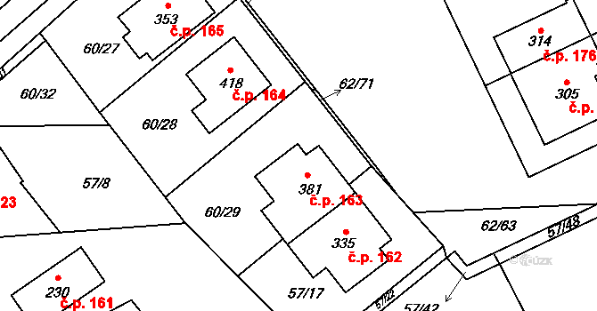 Kluk 163, Poděbrady na parcele st. 381 v KÚ Kluk, Katastrální mapa