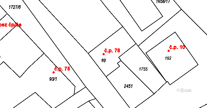 Soběchleby 78, Blšany na parcele st. 69 v KÚ Soběchleby u Podbořan, Katastrální mapa