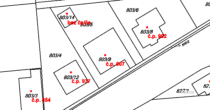 Podbořany 907 na parcele st. 803/9 v KÚ Podbořany, Katastrální mapa