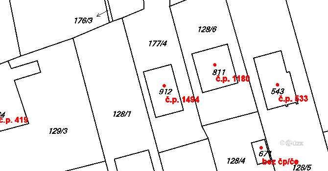 Rudná 1494 na parcele st. 912 v KÚ Dušníky u Rudné, Katastrální mapa
