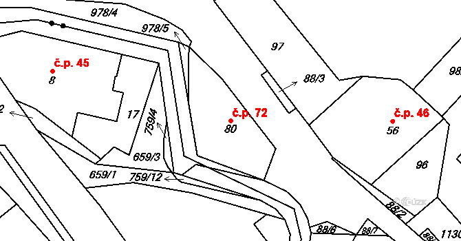 Dlouhá Ves 72, Rychnov nad Kněžnou na parcele st. 80 v KÚ Dlouhá Ves u Rychnova nad Kněžnou, Katastrální mapa