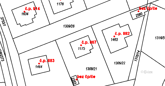 Dobřany 867 na parcele st. 1175 v KÚ Dobřany, Katastrální mapa