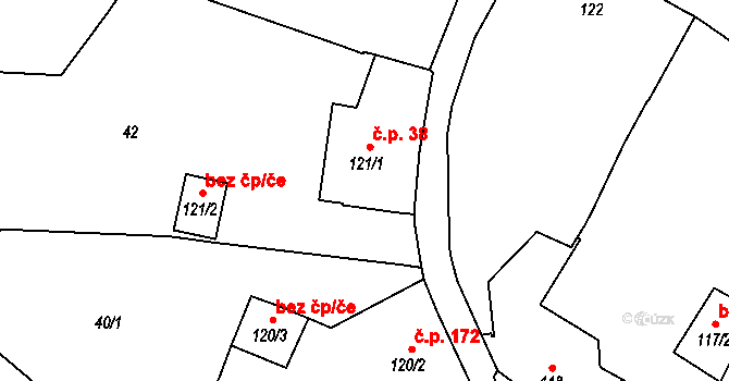 Vranov nad Dyjí 38 na parcele st. 121/1 v KÚ Vranov nad Dyjí, Katastrální mapa