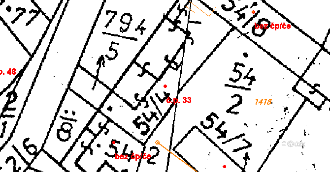 Vlkaneč 33 na parcele st. 54/4 v KÚ Vlkaneč, Katastrální mapa