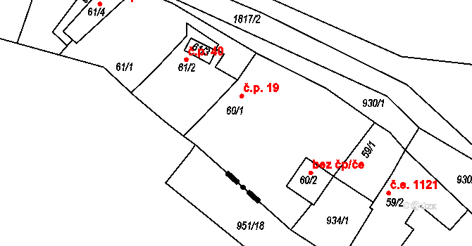 Nesměřice 19, Zruč nad Sázavou na parcele st. 60/1 v KÚ Nesměřice, Katastrální mapa
