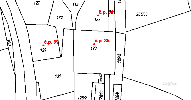 Henčov 35, Jihlava na parcele st. 123 v KÚ Henčov, Katastrální mapa