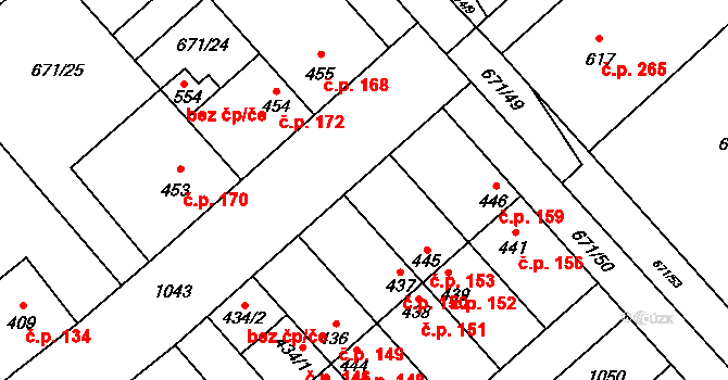 Pchery 153 na parcele st. 445 v KÚ Pchery, Katastrální mapa