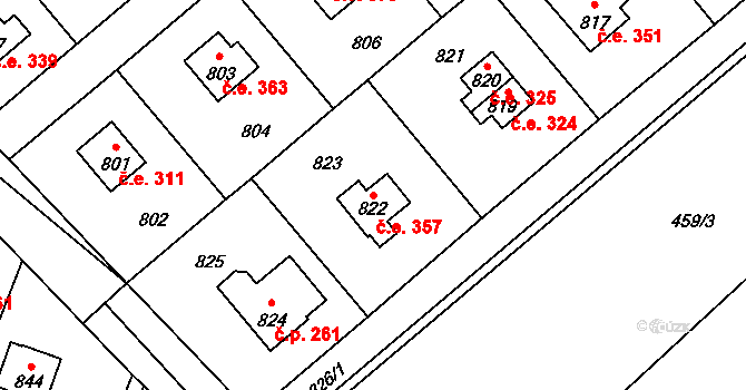 Hlásná Třebaň 357 na parcele st. 822 v KÚ Hlásná Třebaň, Katastrální mapa