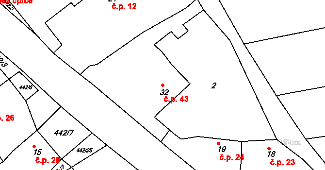 Kovářov 43, Bouzov na parcele st. 32 v KÚ Kovářov u Bouzova, Katastrální mapa