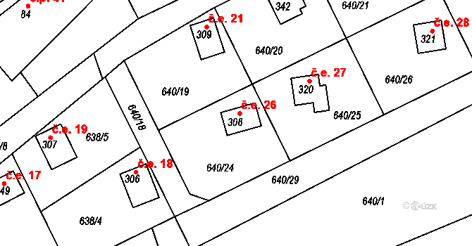 Broumy 26 na parcele st. 308 v KÚ Broumy, Katastrální mapa