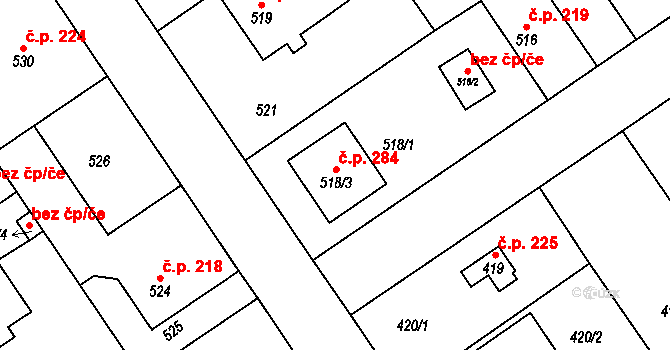 Třebestovice 284 na parcele st. 518/3 v KÚ Třebestovice, Katastrální mapa