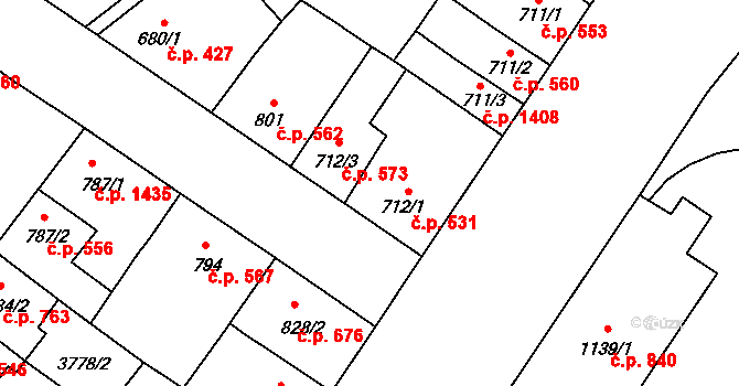 Břeclav 531 na parcele st. 712/1 v KÚ Břeclav, Katastrální mapa