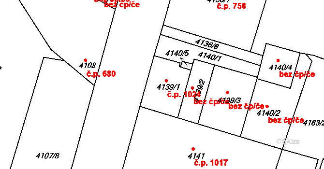 Teplice 1024 na parcele st. 4139/1 v KÚ Teplice, Katastrální mapa