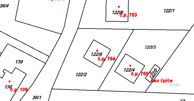 Paskov 754 na parcele st. 122/8 v KÚ Paskov, Katastrální mapa