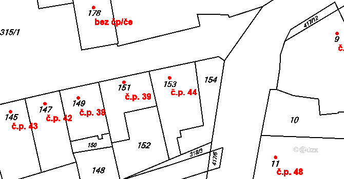 Holyně 44, Praha na parcele st. 153 v KÚ Holyně, Katastrální mapa