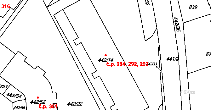 Radlice 292,293,294, Praha na parcele st. 442/14 v KÚ Radlice, Katastrální mapa