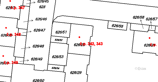 Čimice 342,343, Praha na parcele st. 626/28 v KÚ Čimice, Katastrální mapa