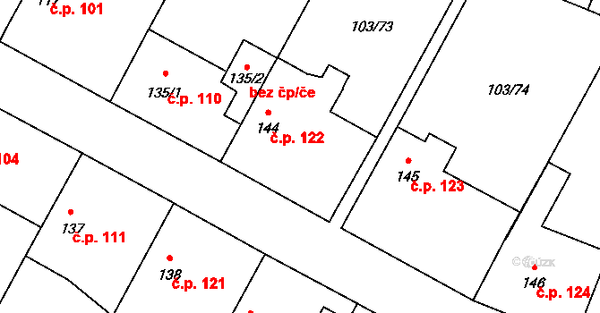 Břežany II 122 na parcele st. 144 v KÚ Břežany II, Katastrální mapa