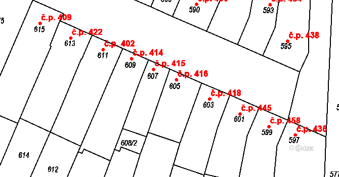 Blučina 416 na parcele st. 605 v KÚ Blučina, Katastrální mapa