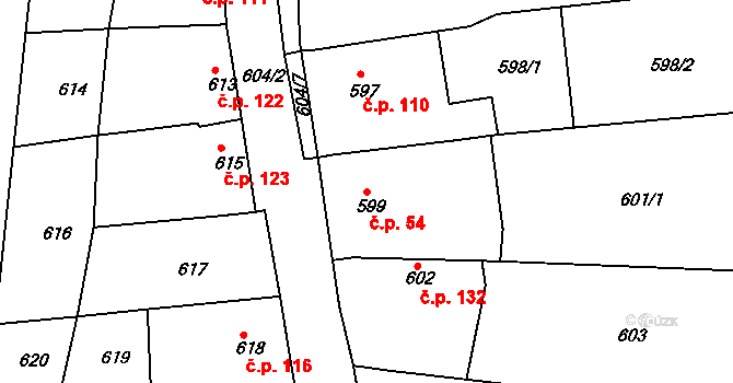 Horákov 54, Mokrá-Horákov na parcele st. 599 v KÚ Horákov, Katastrální mapa