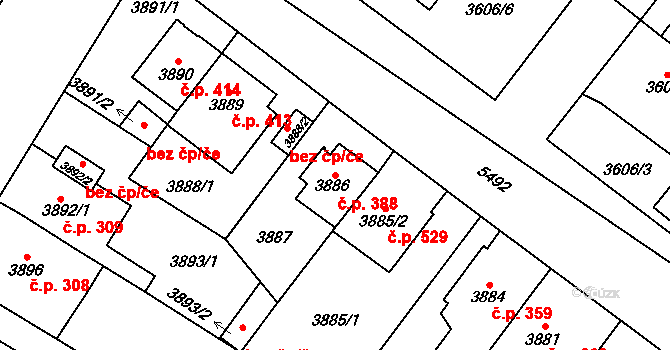 Božkov 388, Plzeň na parcele st. 3886 v KÚ Plzeň, Katastrální mapa