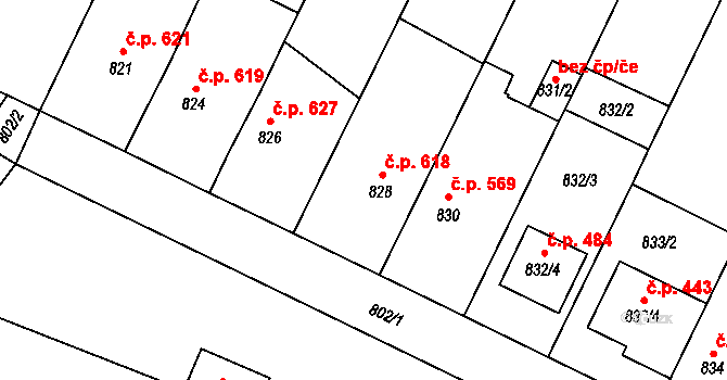 Pozořice 618 na parcele st. 828 v KÚ Pozořice, Katastrální mapa
