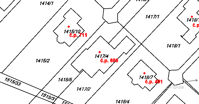 Troubsko 686 na parcele st. 1417/4 v KÚ Troubsko, Katastrální mapa