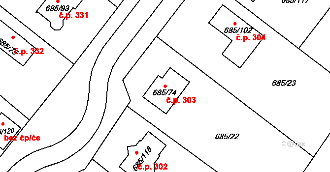 Droužkovice 303 na parcele st. 685/74 v KÚ Droužkovice, Katastrální mapa