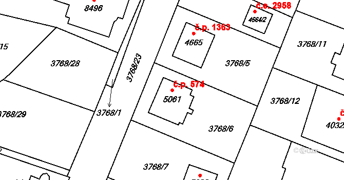 Zlín 574 na parcele st. 5061 v KÚ Zlín, Katastrální mapa