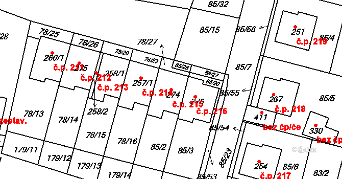 Minice 215, Kralupy nad Vltavou na parcele st. 274 v KÚ Minice u Kralup nad Vltavou, Katastrální mapa