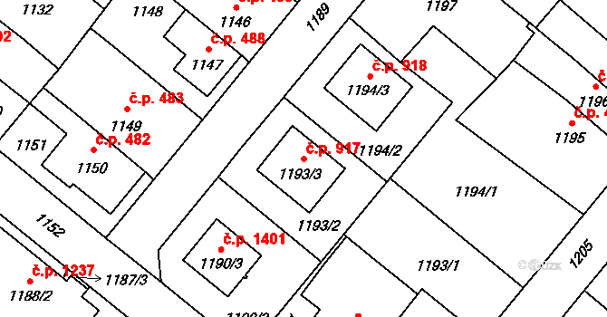 Mohelnice 917 na parcele st. 1193/3 v KÚ Mohelnice, Katastrální mapa