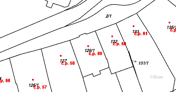 Holešov 59 na parcele st. 128/1 v KÚ Holešov, Katastrální mapa