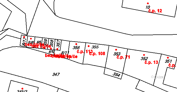 Seloutky 108 na parcele st. 355 v KÚ Seloutky, Katastrální mapa
