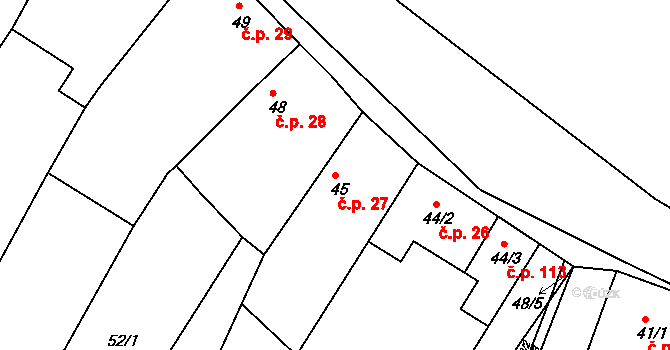 Horní Kounice 27 na parcele st. 45 v KÚ Horní Kounice, Katastrální mapa