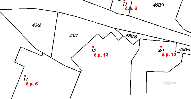 Miletice 13, Nepoměřice na parcele st. 12 v KÚ Miletice u Nepoměřic, Katastrální mapa