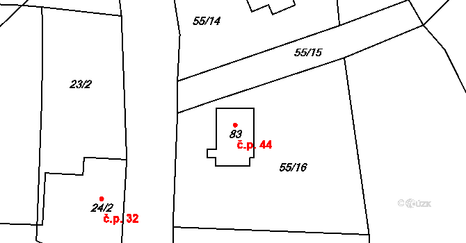 Sudějov 44 na parcele st. 83 v KÚ Sudějov, Katastrální mapa