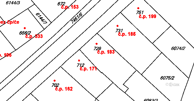 Telč-Podolí 183, Telč na parcele st. 729 v KÚ Telč, Katastrální mapa